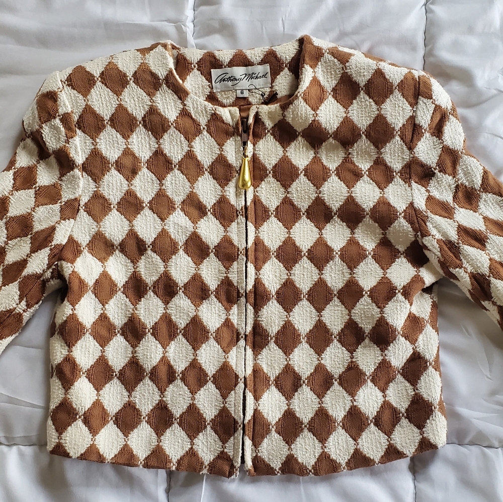 Anthony Michael Vintage Diamond Pattern Jacket Women's 6 Brown/Tan